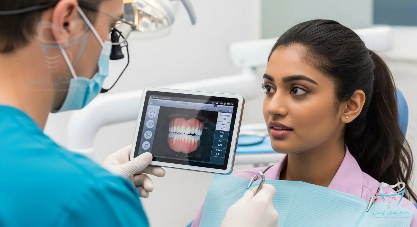 یک دندانپزش در حال توضیج قیمت ایمپلنت دندان نیش
